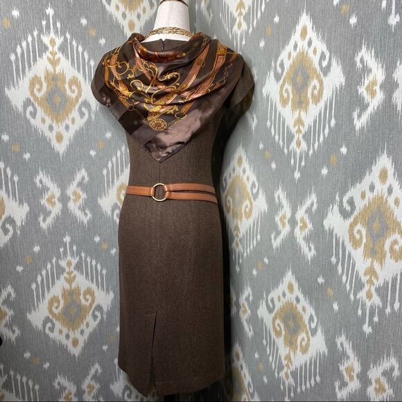 Ralph Lauren Brown Herringbone Lambswool Tweed Cap Sleeve Sheath Midi Dress - Picture 10 of 16